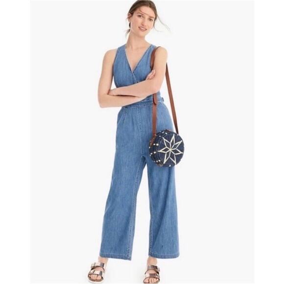 J CREW Point Sur Wide Leg Tailored Indigo Blue Denim Jumpsuit Size 6 Sleeveless - Picture 1 of 16